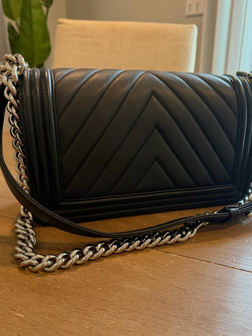 CHANEL Black Chevron Quilted Le Boy Bag with rare Silver-Tone Hardware